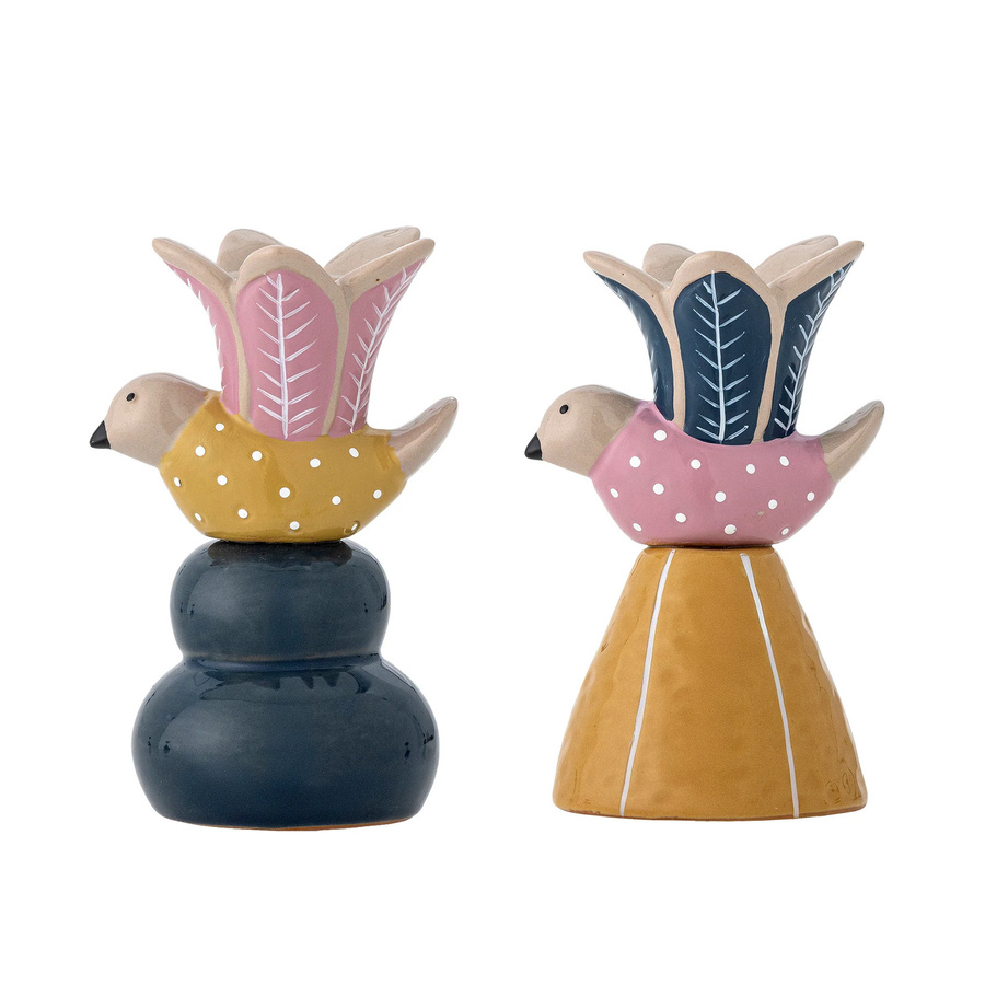 Bloomingville Kerzenhalter Swift aus Steingut, 2er-Set, Multicolor mit Vogel-Form und Blattmotiven - Bild 1