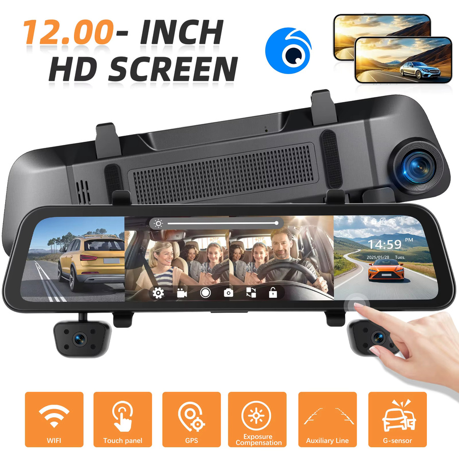 Podofo Dashcam Rückspiegel mit 12 Zoll Touchscreen, 4x1080P Kameras, GPS und 360 Grad Surround-Nachtsicht in Schwarz - Bild 2