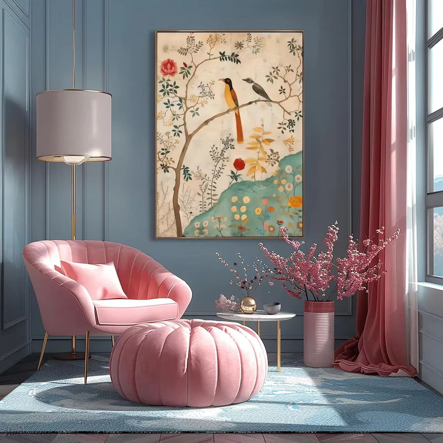 Vintage persisches Kunstposter mit traditionellem Vogel- und Blumendruck von WallStoryPrintsUK, botanische Wandillustration im Boho-Stil, mehrfarbig - Bild 2