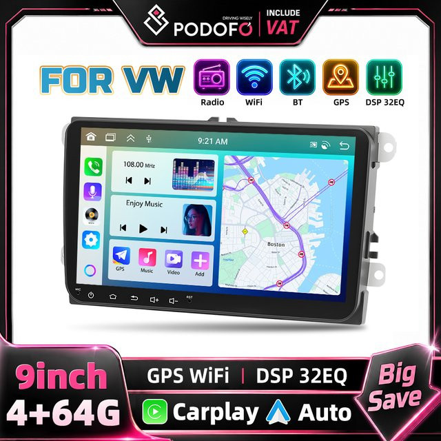 Podofo 9 Zoll 2DIN Android Autoradio mit Carplay, Android Auto und GPS in Schwarz für VW Passat, Golf, Skoda Octavia, Superb und Leon - Bild 1