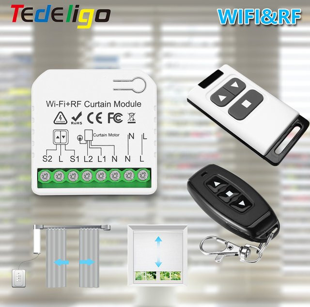 Tedeligo WiFi Smart Vorhang Schalter und elektrische Rollladen Steuerung mit Tuya App, Sprachsteuerung für Alexa und Alice sowie 433 MHz Fernbedienung in Weiß - Bild 1