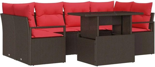 vidaXL Garten-Sofa-Set aus Poly-Rattan in Braun und Rot mit 7-teiligem Set inklusive Kissen und Couchtisch - Bild 1