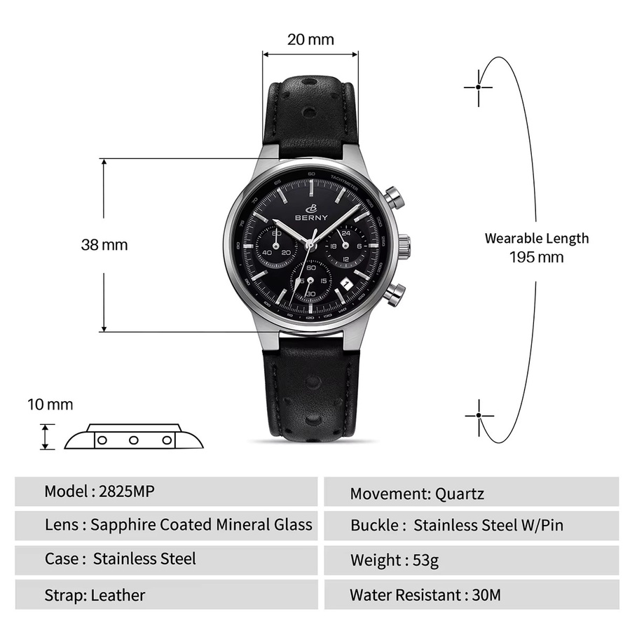 BERNY Chronograph, Quarz, Edelstahl, Leder, Schwarz, Herren - Bild 5