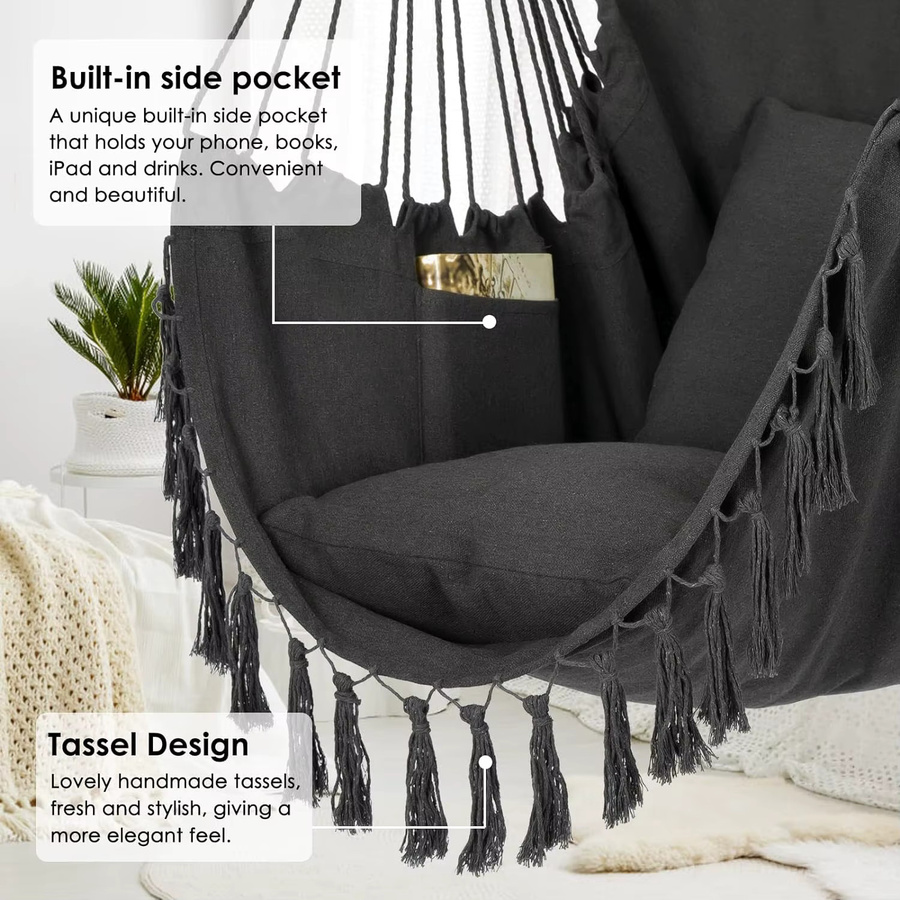 Makramee-Hängesessel im Boho-Design mit 2 Kissen, Egg-Schaukel aus Baumwollseil und Holz in Schwarz und Grau für Innen und Außen - Bild 1