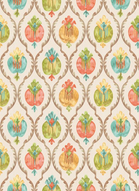 Osborne & Little Tapete Mysore in Ivory und Terracotta mit Ogee Latticework und Metallic Gold aus Vlies - Bild 1