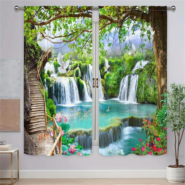 2 Stück Grüne Wunderland Vorhänge mit 3D Digitaldruck Naturlandschaft Wasserfall, Farbe: Grün/Mehrfarbig, B: 75 cm, H: 165,1 cm - Bild 1
