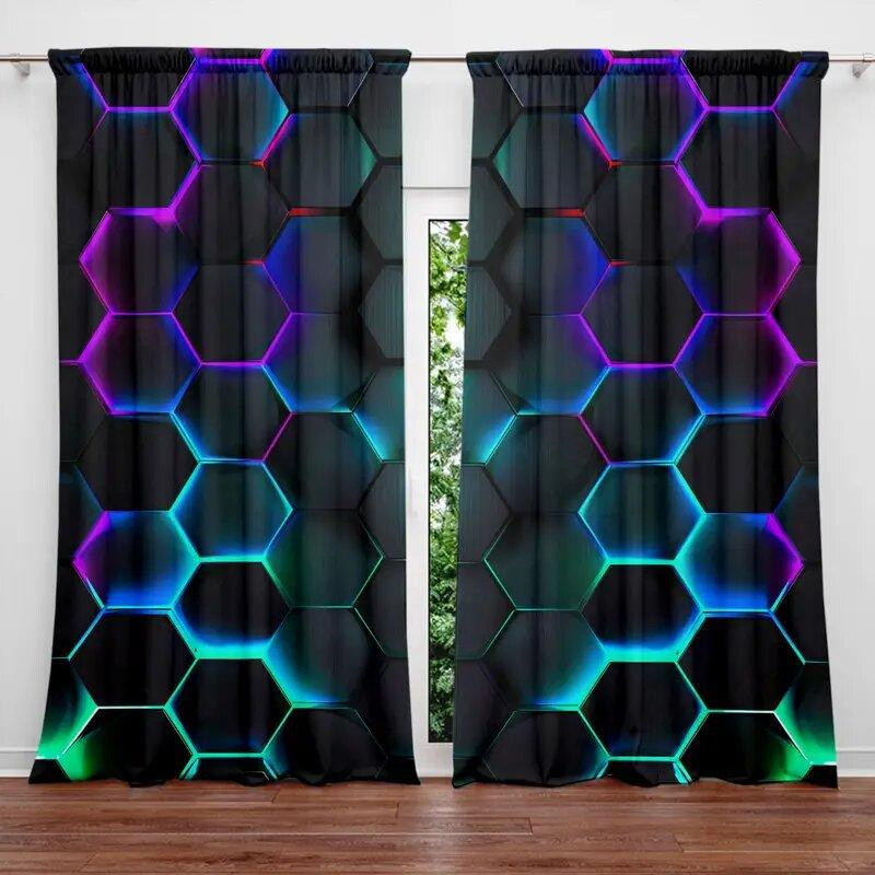 Yiran Furniture Vorhänge mit sechseckigem Grafikdruck, 2er-Set, halbtransparent, Multicolor, B: 35 cm, H: 100 cm - Bild 3