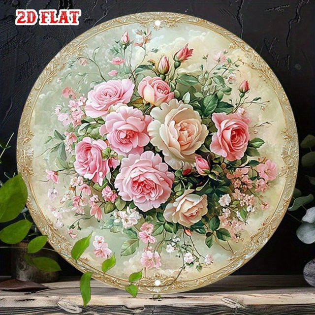 CIFBUY Vintage Rundes Metallschild mit rosa Rosen und Goldumrandung, Wandkunst mit floralem Design, Durchmesser: 20 cm - Bild 1