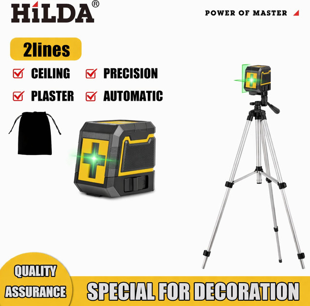 Hilda 2-Linien-Laser-Nivelliergerät mit Stativ, selbstnivellierend, grünes Kreuzlicht, horizontal und vertikal, grün/gelb - Bild 1