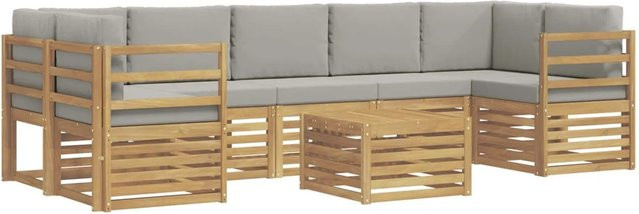 vidaXL Outdoor-Sofagarnitur 8-teilig in L-Form aus Akazienholz mit Polstern in Weiß und Hellgrau - Bild 1
