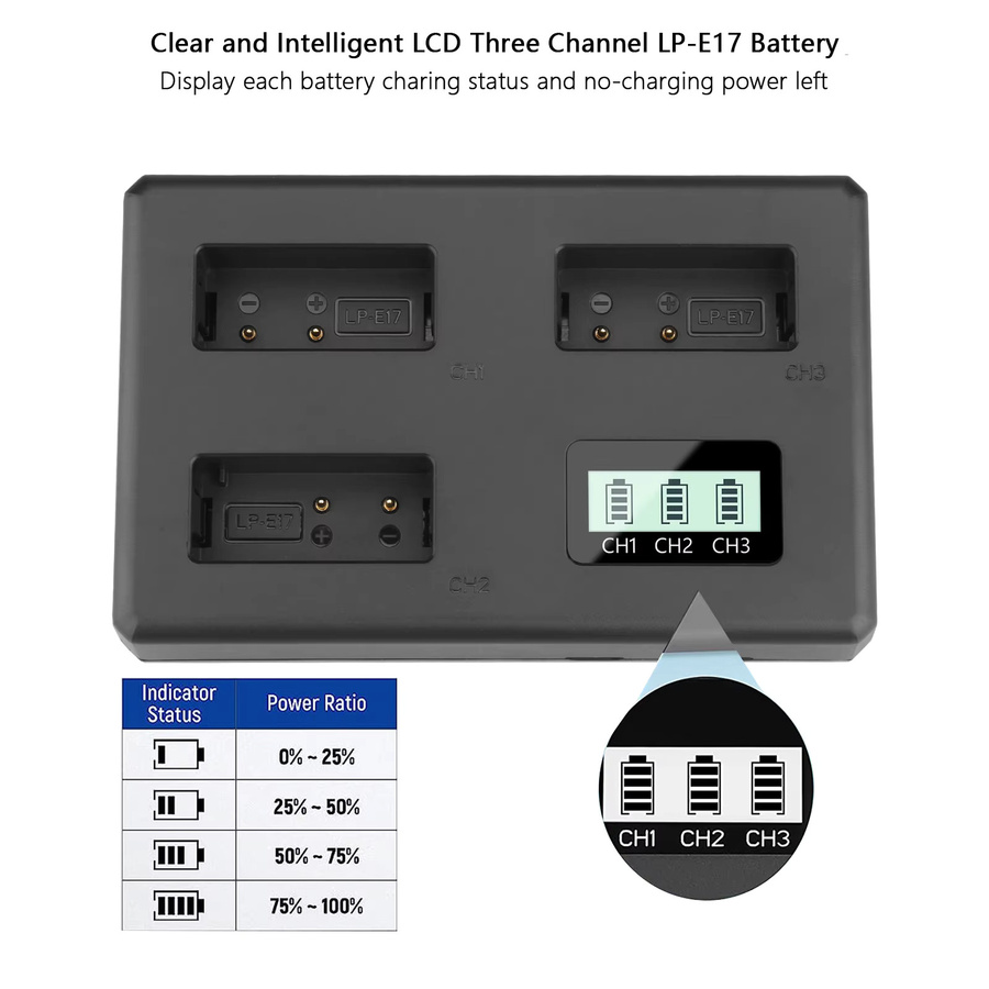 Dreifaches LP-E17 Akku-Ladegerät für Canon EOS RP, R50, R10, R8, M3, M5, M6, 200D, 200DII, 77D, 750D, 760D, 800D, 8000D in Schwarz - Bild 2