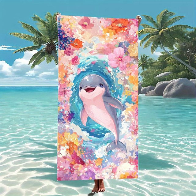 Ka Chen Muxi Mikrofaser Strandtuch mit Delfin und tropischem Blumen-Design, sandfrei und super saugfähig, Multicolor, Breite: 30 cm, Höhe: 60 cm - Bild 1