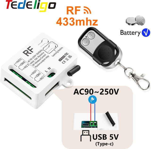 Tedeligo Universal Wireless Fernbedienung Schalter 433 MHz RF 2CH Relais Empfänger Modul mit Sender für Licht und Motor AC 110 V 220 V - Bild 1