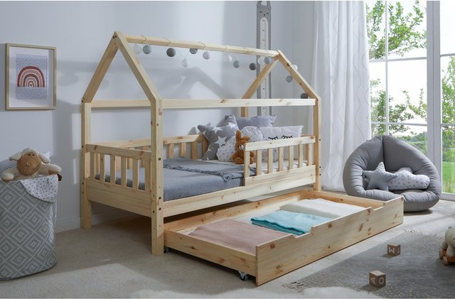TiCAA Kinderbett Hausbett Montessori Kay aus Kiefer Massivholz mit Schubladen und Rausfallschutz, Farbe: Weiß - Bild 1
