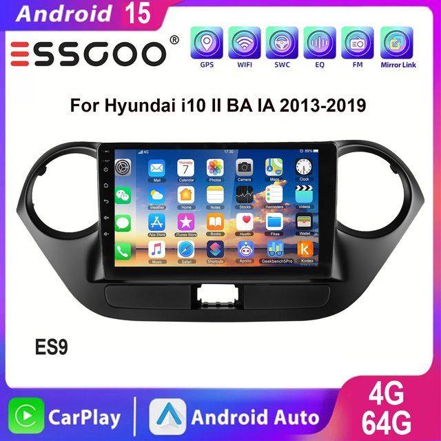 ESSGOO Android 15 Autoradio mit 9 Zoll IPS Touchscreen für Hyundai i10 BA 2013-2019 inklusive Apple CarPlay, Android Auto, GPS, WLAN, Bluetooth und Lenkradfernbedienung in Schwarz - Bild 1