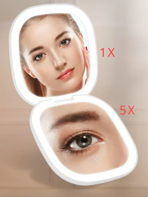 DEEPSHI Kompakter LED Make-up-Spiegel mit 5x/10x Vergrößerung, tragbarer faltbarer Tischspiegel mit Akku, Weiß - Bild 1
