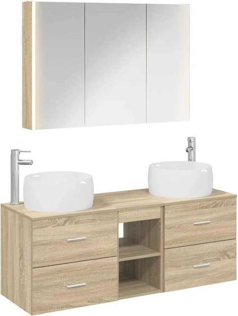 vidaXL Badezimmermöbel-Set 4-teilig in Sonoma-Eiche mit Spiegelschrank, Waschtischunterschrank und Wandschränken, modern mit LED-Beleuchtung und Glasfronten - Bild 1