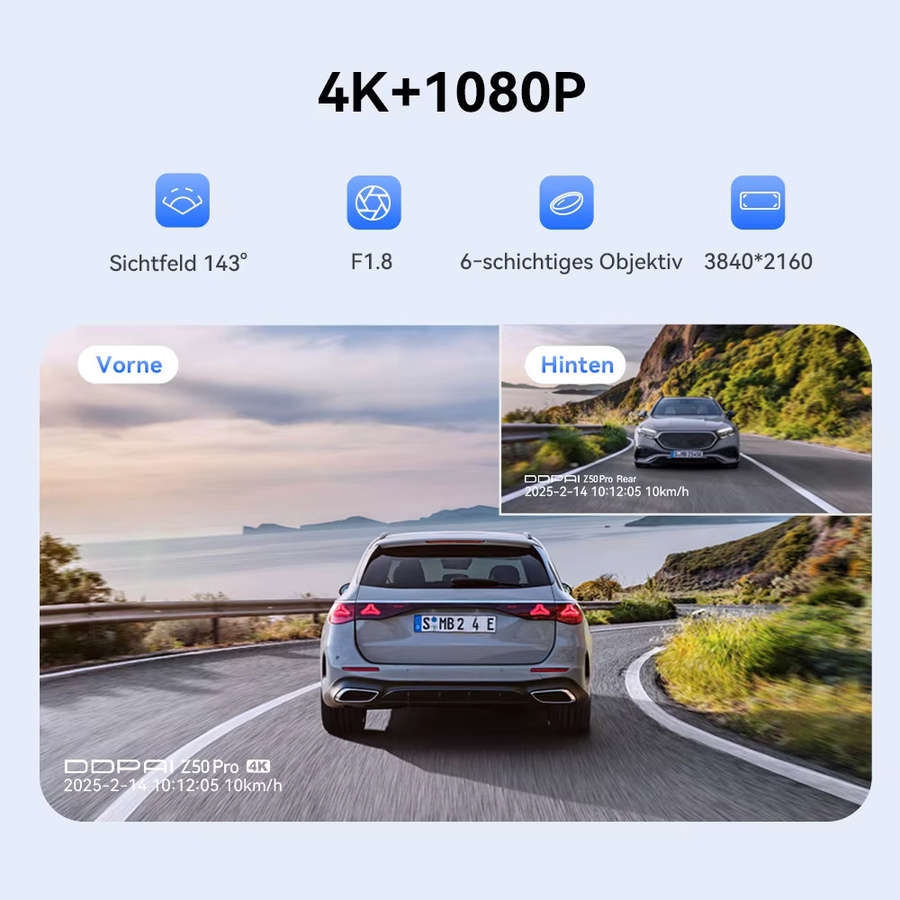 DDPAI Z50 Pro Dashcam 4K UHD Auto-Videorekorder mit 3-Zoll-IPS-Bildschirm, 5GHz WLAN, GPS, ADAS und 24-Stunden-Parküberwachung, Front- und Heckkamera, Schwarz - Bild 2
