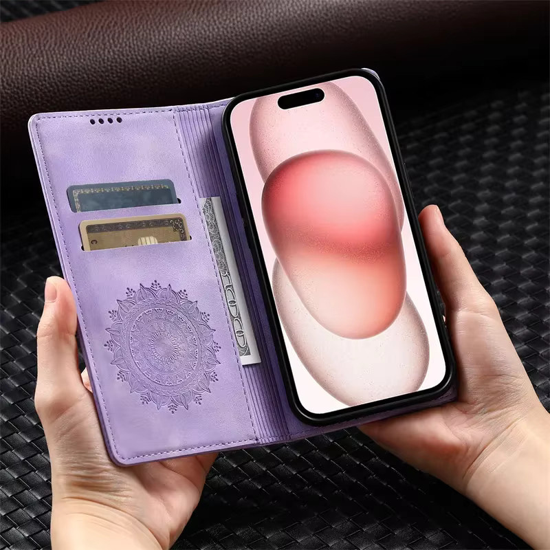 Magnetische Leder-Handyhülle mit Kartenfach als Book Wallet Cover für iPhone Modelle in Schwarz und Lila von aierkeba - Bild 3