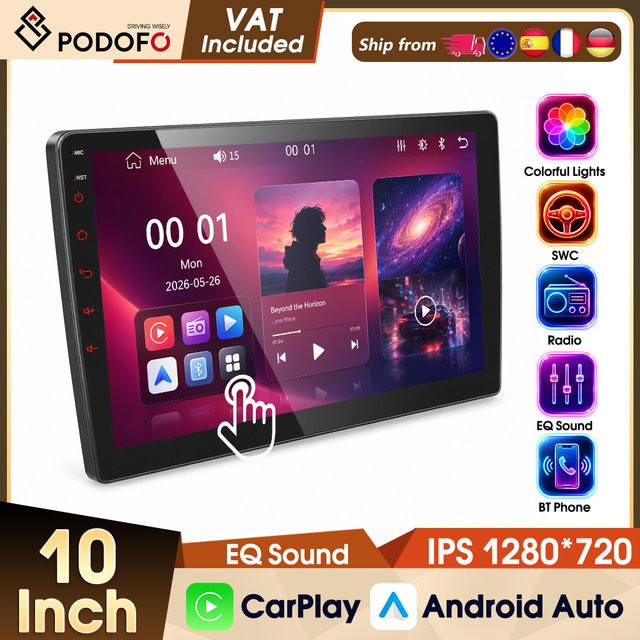 Podofo Universal 10 Zoll Auto-MP5-Player mit kabellosem CarPlay und Android Auto, Bluetooth, FM, EQ und IPS-Bildschirm in Schwarz - Bild 1
