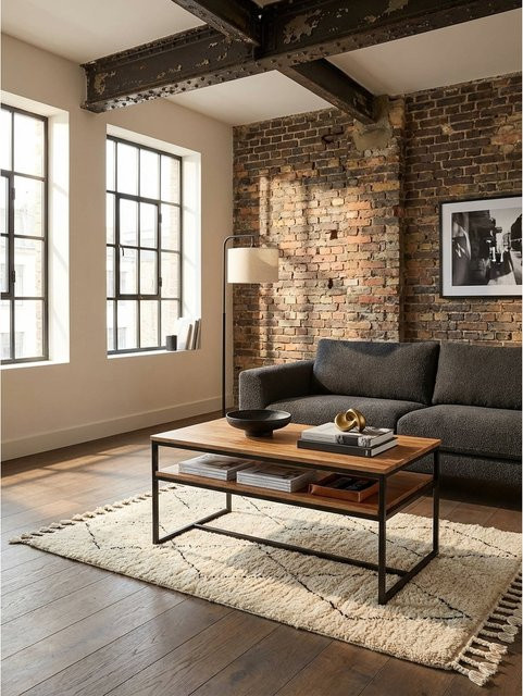 KADIMA DESIGN Couchtisch aus Akazienholz und Metall in Braun im Industrial Design, B/T/H: 100 x 60 x 45 cm - Bild 1
