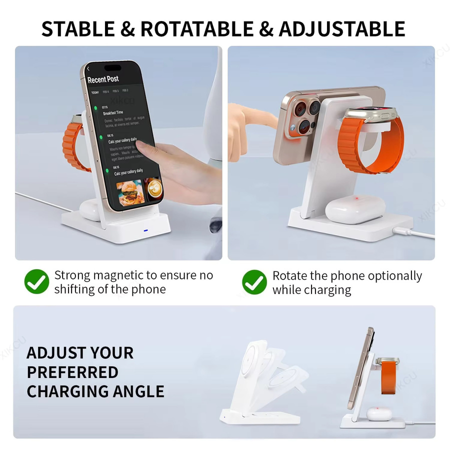 VIKEFON 3-in-1 Magnetisches Kabelloses Ladegerät und Faltbarer Telefonständer für MagSafe iPhone, iWatch und AirPods Pro in Schwarz - Bild 4