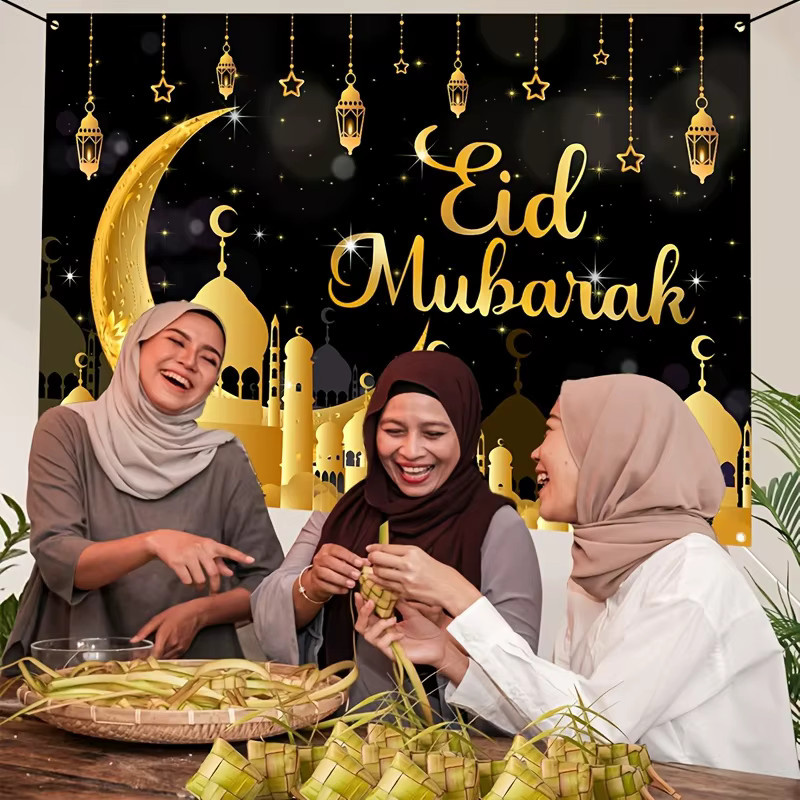 Vikama Chic Eid Mubarak Wandbanner in Gold mit Moschee- und Halbmond-Verzierung für deine orientalische Feiertagsdekoration - Bild 3