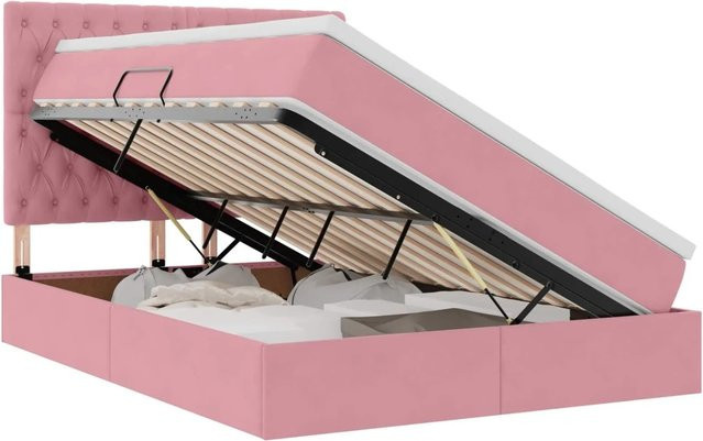 vidaXL Aufbewahrungsbett mit Matratze in Rosa aus Samt mit Lift-up-Funktion, B/T/H: 140 x 200 x 144 cm - Bild 1
