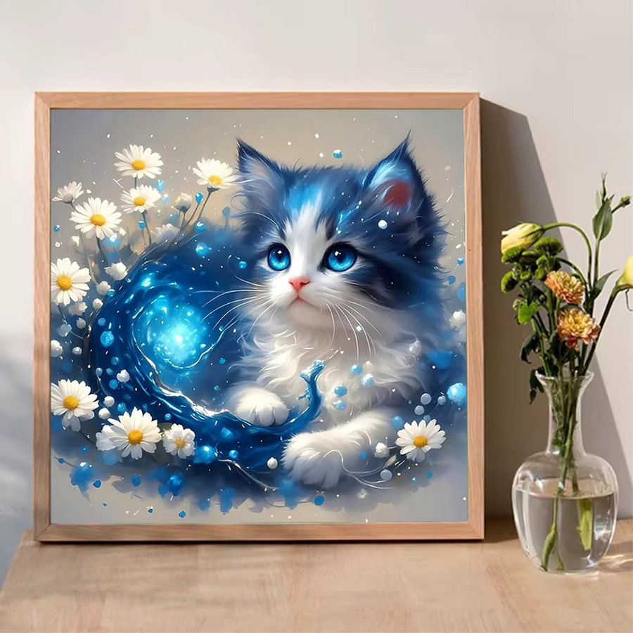EverShine Diamant-Mosaik DIY Set Katze mit Gänseblümchen als Rund-Kreuzstich Stickerei zur Heimdekoration - Bild 3