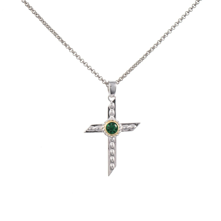Anhänger Kreuz mit Kette, 925 Silber, teilvergoldet, Zirkonia grün - Bild 1