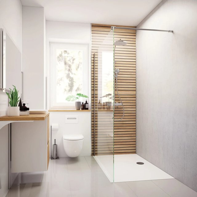 Breuer Duschrückwand Scandi Holzdekor in Aluminium und Braun, B: 100 cm, H: 255 cm - Bild 1