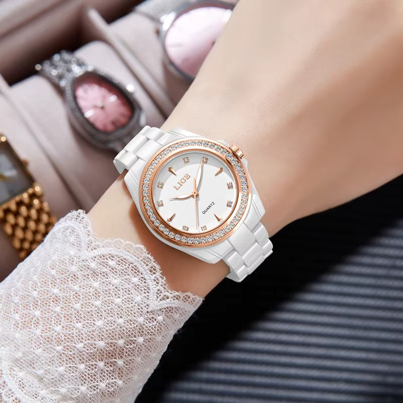 LIGE Armbanduhr, Keramik, Weiß, Diamant, Quarz, Damen - Bild 3