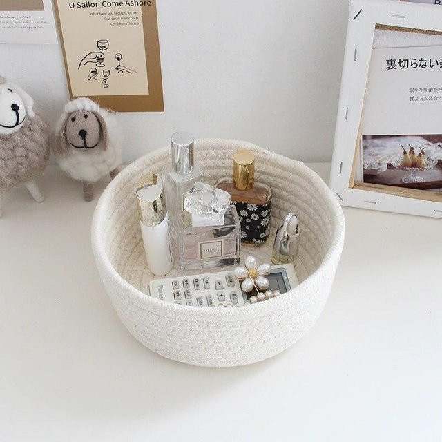 Ambiel Charm Aufbewahrungskörbe aus Baumwollseil in Weiß und Beige, gewebte Organizer-Box für Schreibtisch, Spielzeug und Wäsche, B/T/H: 26,0 x 26,0 x 10,0 cm - Bild 1