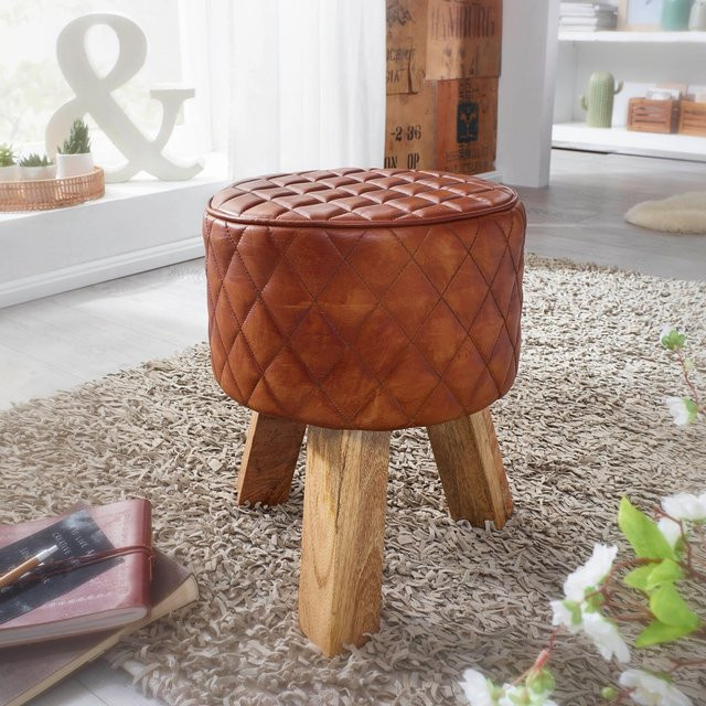 FineBuy Sitzhocker aus Echtleder in Braun mit Massivholzgestell, runder Lederhocker mit Rautenmuster, B/T/H: 35 x 46 x 35 cm - Bild 1