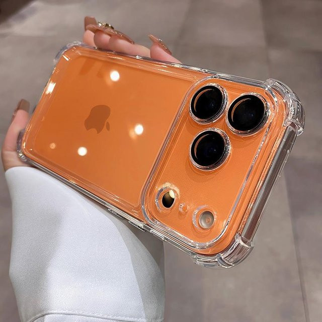 Transparente Schutzhülle mit galvanisiertem Linsenschutz und Airbag-Stoßfänger für Apple iPhone 11 bis iPhone 17 Pro Max in Orange und Transparent - Bild 1