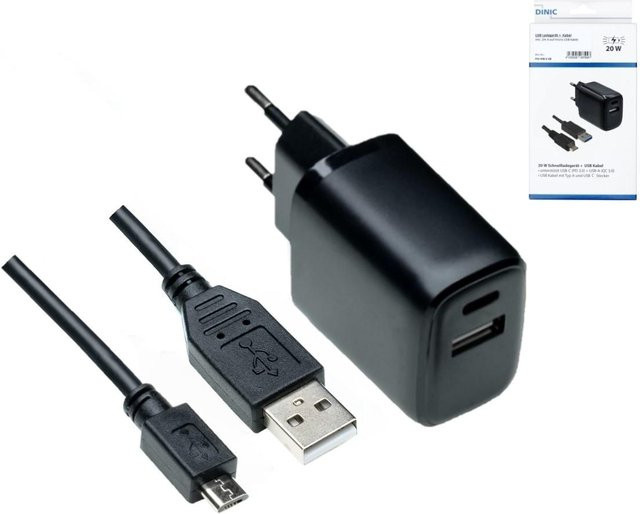 DINIC Ladegerät mit 20 W und 2m Micro-USB Kabel, USB-A und USB-C, Schwarz - Bild 1