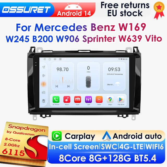 OSSURET 2-DIN Autoradio mit Android Auto und Apple CarPlay, 4G, Bluetooth und 360 Kamera für Mercedes Benz W164 W169 W245 B200 W906 Sprinter W639 Vito, Schwarz - Bild 1