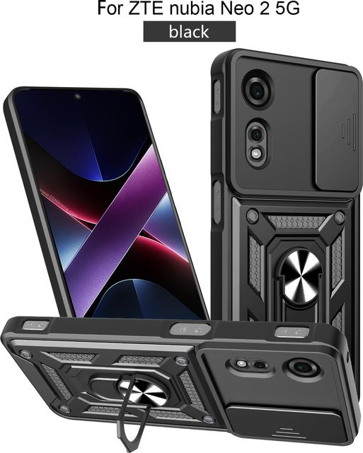 ZTE nubia Neo 2 Panzer-Handyhülle mit magnetischem Ringhalter und Schiebe-Kameraschutz in Schwarz oder Blau - Bild 1
