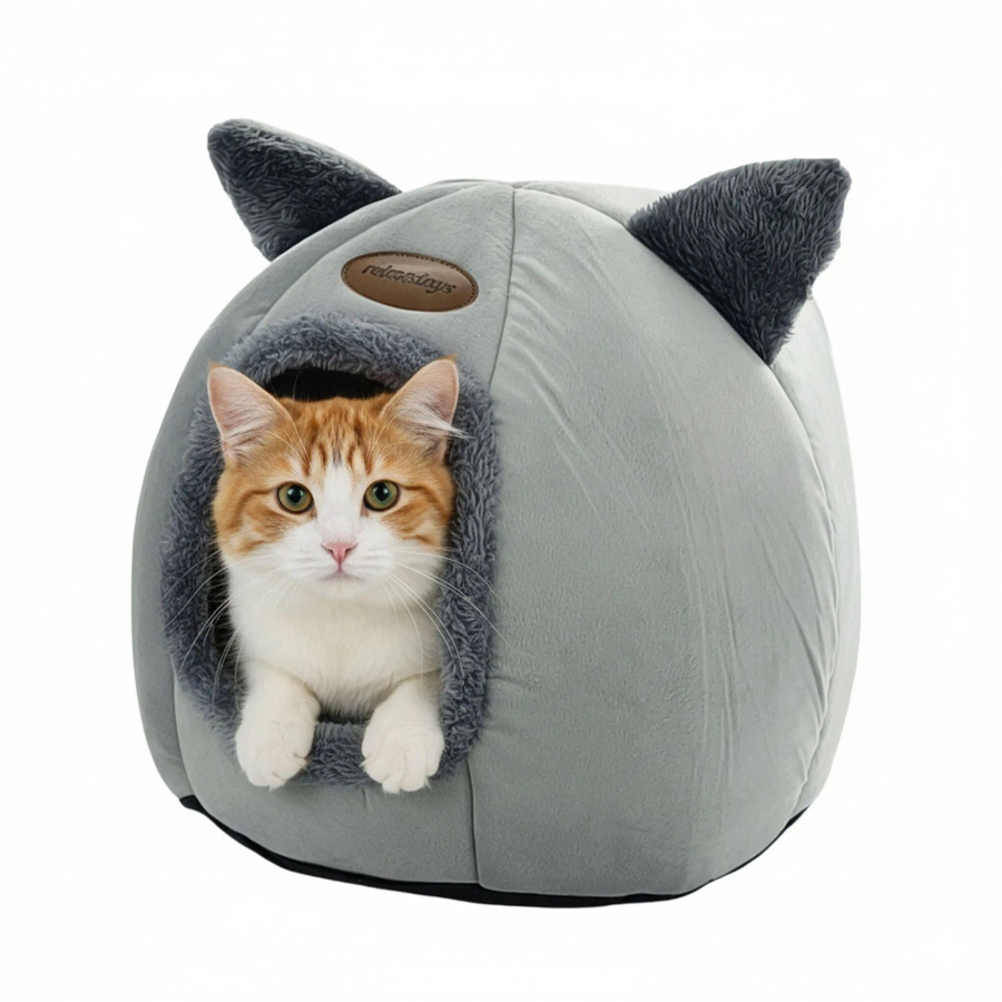 Relaxdays Katzenhöhle mit Katzenohren aus Polyester in Grau, rutschhemmend und mit abnehmbarem Bezug, B/T: 44 x 37 cm - Bild 2