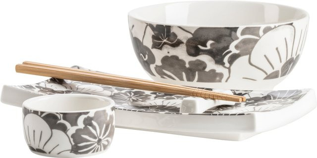 MÄSER Sushi-Set Tokio Nights, 10-teiliges Porzellan-Asia-Set in Grau und Weiß mit floralem Design - Bild 1