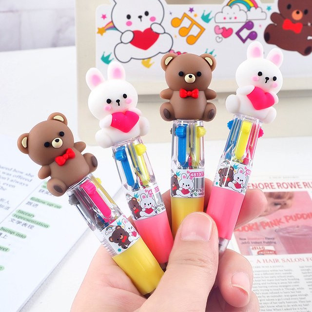 4er-Set Cartoon Kugelschreiber mit Kaninchen und Bär Motiv in 4 Farben, süße koreanische Schreibwaren für Schule und Büro - Bild 1