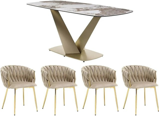 Vente-unique Essgruppe Porelima in Beige und Weiß mit Marmor-Optik, Breite: 180 cm - Bild 1