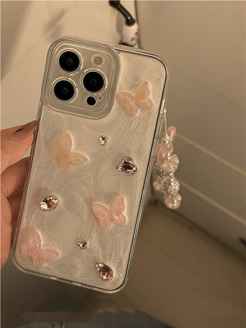 Schmetterling Handyhülle mit Diamant-Design und Trageband für iPhone 15 14 13 12 11 Pro Max XS Max, Farbe: Transparent/Weiß - Bild 1