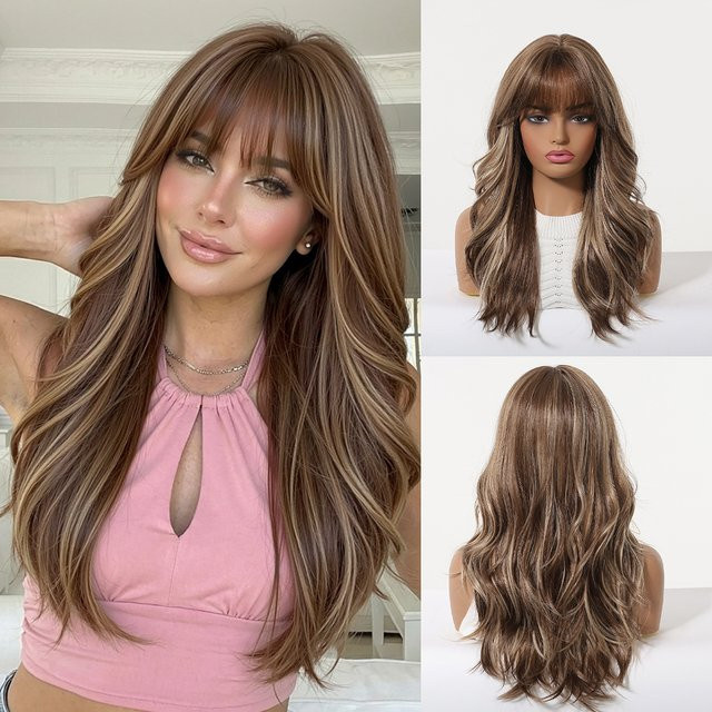 HAIRCUBE Perücke, lange gewellte braune Balayage mit Pony, Damen - Bild 1