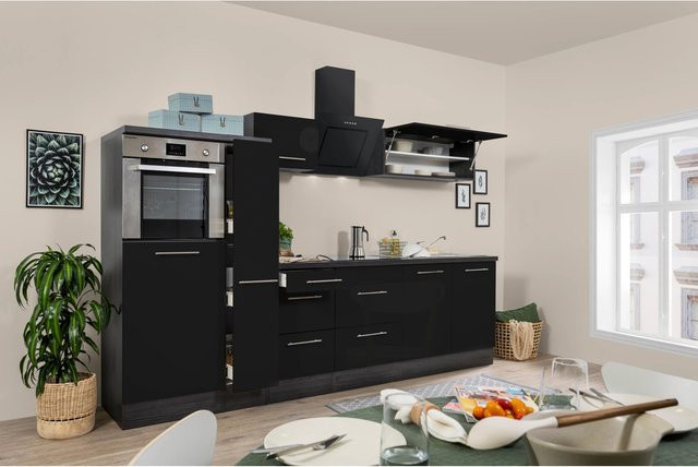 Respekta Premium Küchenzeile modern in Schwarz Hochglanz und Eiche Grau mit Soft-Close-Türen und internen Schubladen - Bild 1
