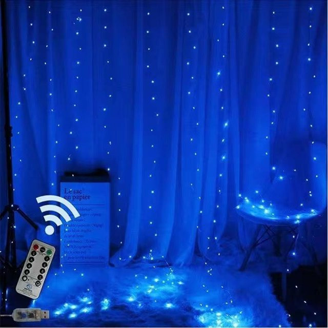 LED Vorhang Lichterkette mit 300 LEDs und Fernbedienung in Blau, USB-Betrieb, B x H: 3 x 3 m - Bild 1