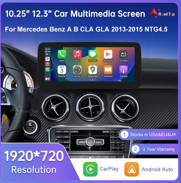 Road Top Touchscreen Multimedia Player mit GPS, CarPlay und Android Auto für Mercedes Benz B-Klasse, A-Klasse W176, CLA und GLA W246, NTG4.5, Schwarz - Bild 1