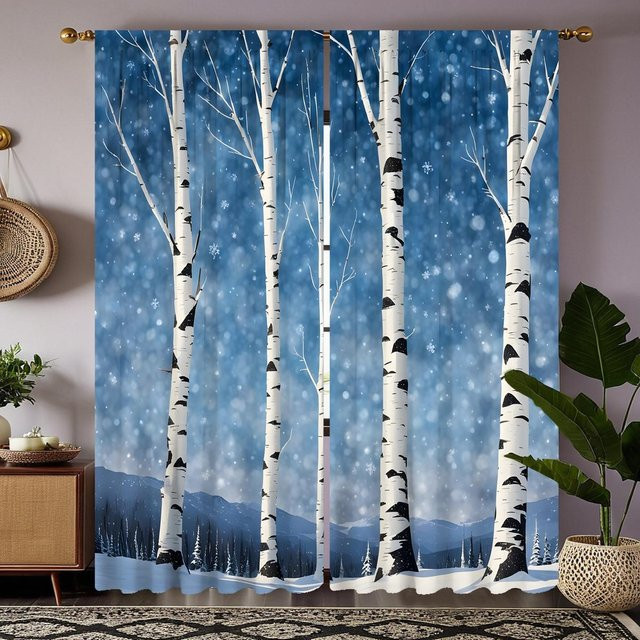 2er Set dekorative Vorhänge mit Pappel- und blauem Band Motiv in Grau und Blau, B: 132 cm, H: 160 cm - Bild 1