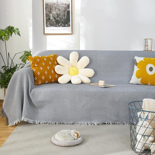 Super Six Sofa-Überwurf aus Baumwolle und Leinen in Grau, Waffel-Design, B/B: 90 x 90 cm - Bild 1