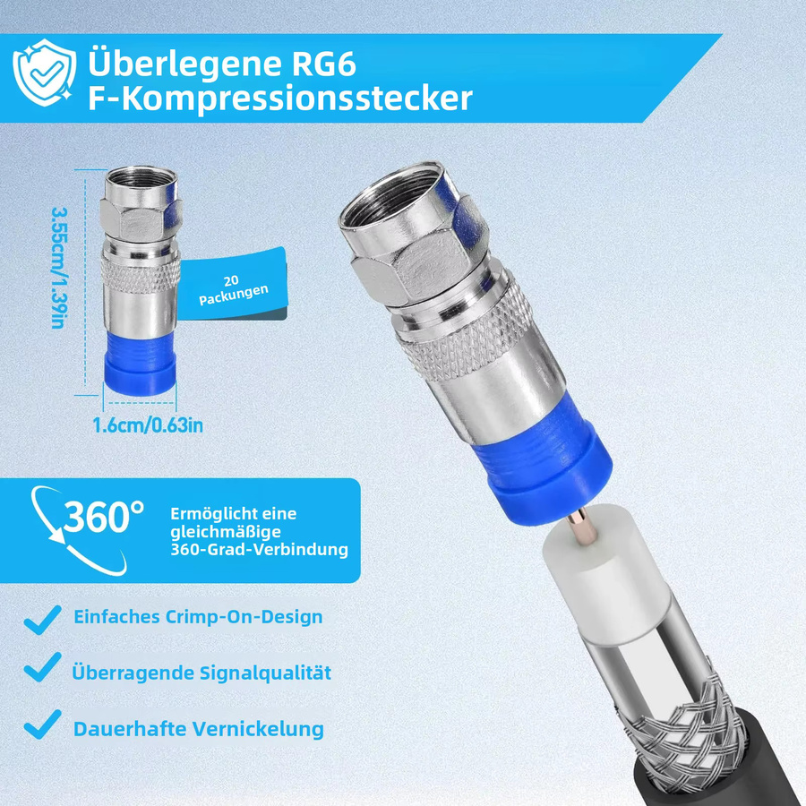 ZoeRax Koaxial-Kompressionswerkzeug-Set mit Crimper-Zange, Abisolierwerkzeug und 20 RG6 F-Steckern - Bild 3